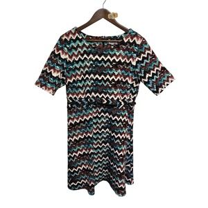 Phase Seven Womens Chevron Zigzag Print Belted Sheath Dress Teal Burgundy 12